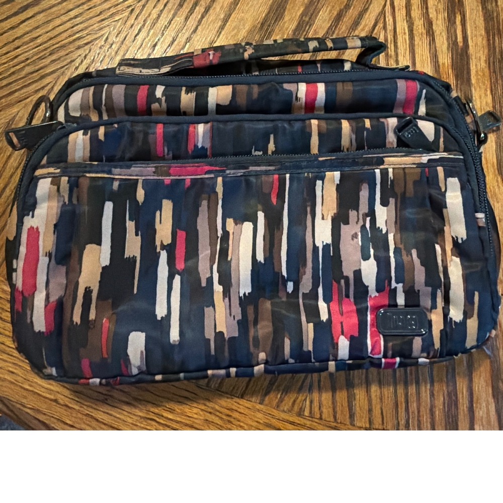 Lug Crossbody Organizer Bag Abstract Brushstroke Print Navy Red Multi Pocket